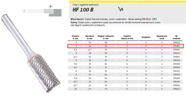 Poza cu KLINGSPOR Freza pentru metal HF 100 B FI=3,0x14mm 3mm (295483)